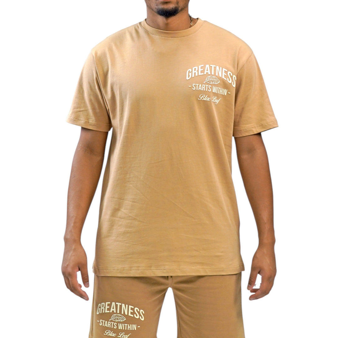 Blac Leaf Greatness Starts Within Trucker Hat Khaki, Greatness Starts Within ,Greatness Starts Within Shorts Khaki   Outfit Combo