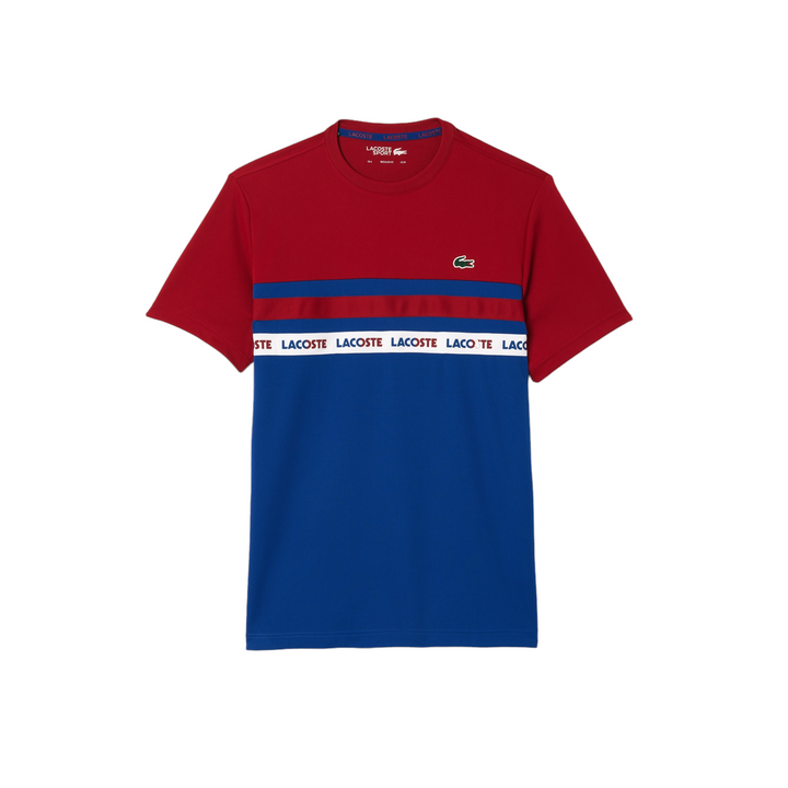 Lacoste Ultra-Dry Logo Stripe Piqué Tennis T-Shirt Navy/ Burgundy