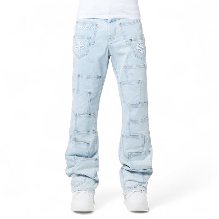 Guapi Aqua Blue Pockets Flared Denim