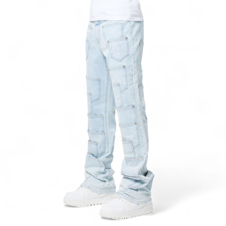 Guapi Aqua Blue Pockets Flared Denim
