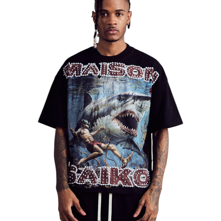 Maison Saiko Comic Book Shark Rhinestone Tee