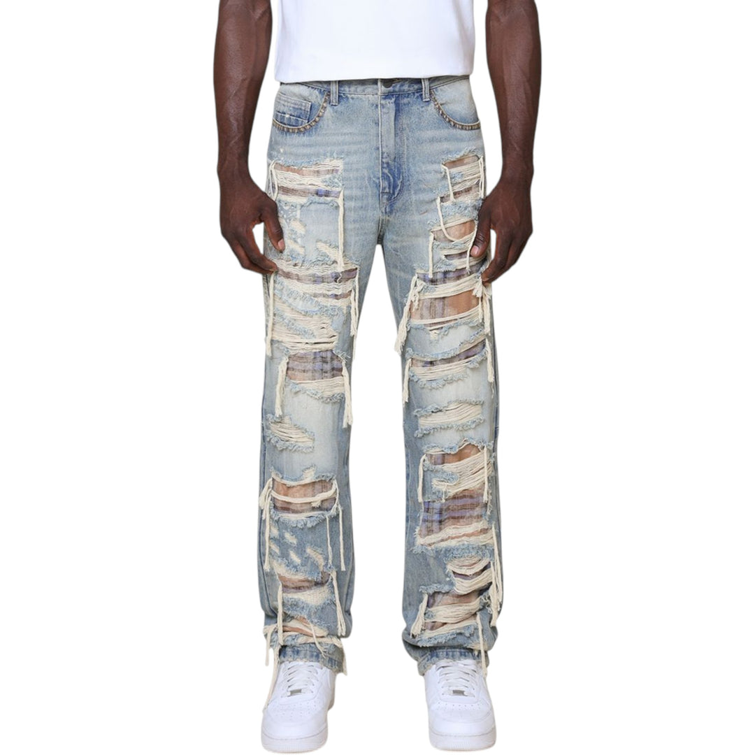 Smoke Rise Grandeur Plaid Stacked Jean Munich Blue