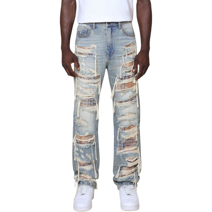 Smoke Rise Grandeur Plaid Stacked Jean Munich Blue