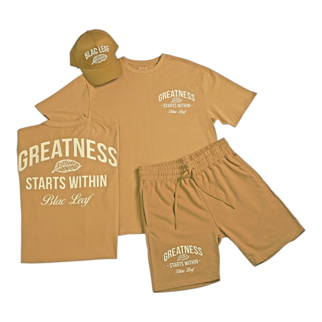 Blac Leaf Greatness Starts Within Trucker Hat Khaki, Greatness Starts Within ,Greatness Starts Within Shorts Khaki   Outfit Combo