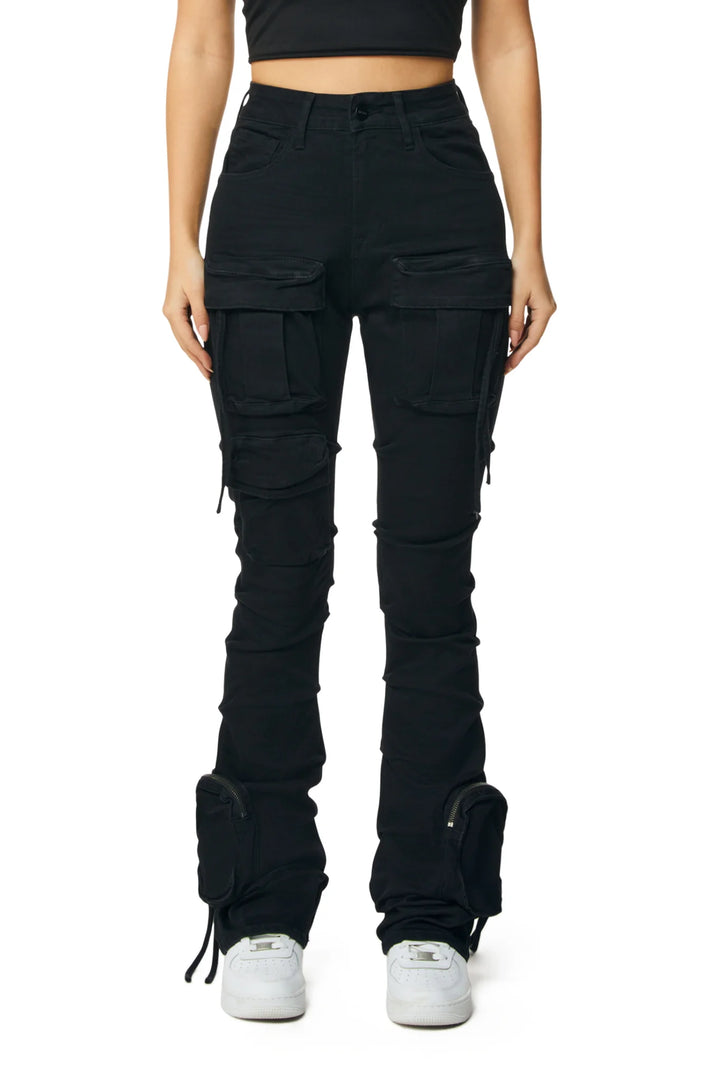 Smoke Rise Ladies High Rise Cargo Stacked Jeans Black