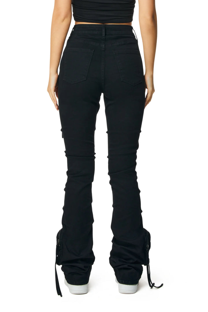 Smoke Rise Ladies High Rise Cargo Stacked Jeans Black