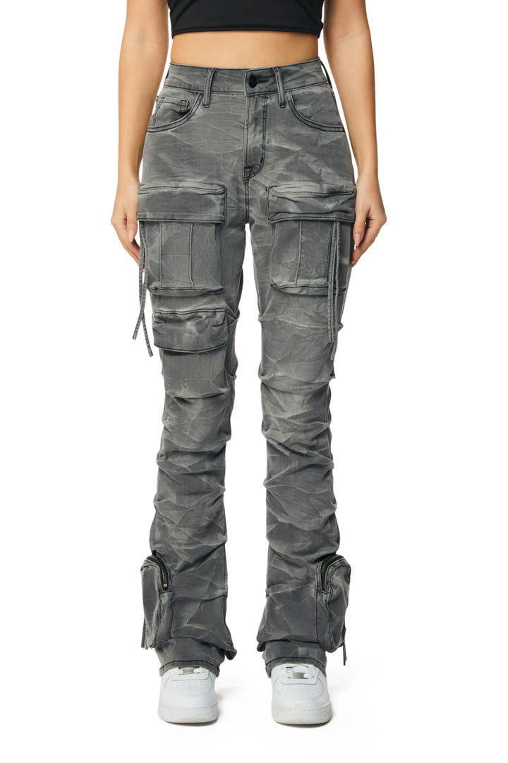 Smoke Rise Ladies High Rise Cargo Stacked Jeans Grey