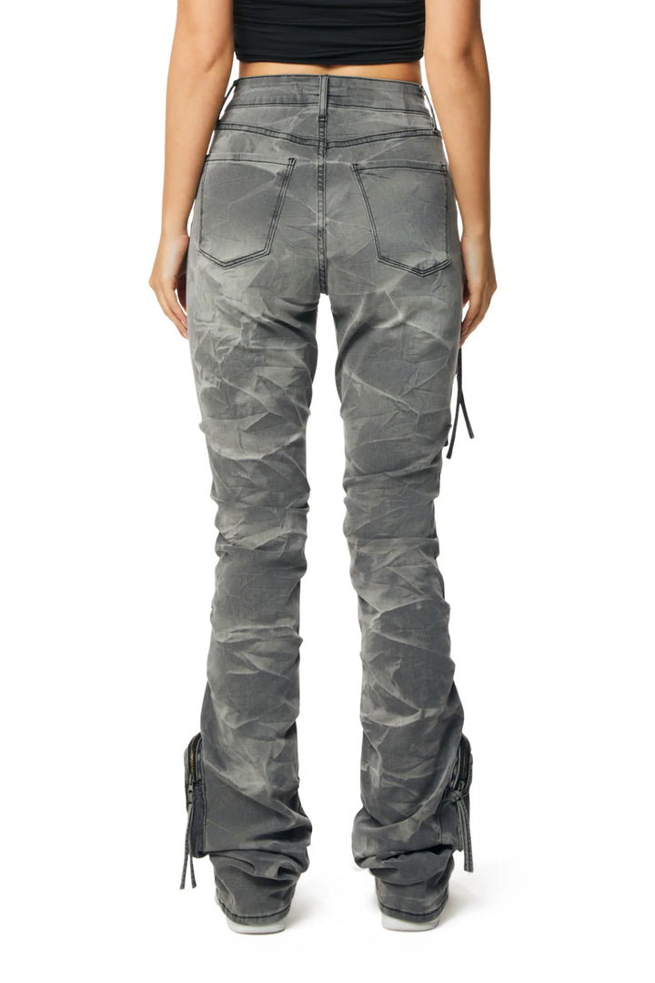 Smoke Rise Ladies High Rise Cargo Stacked Jeans Grey