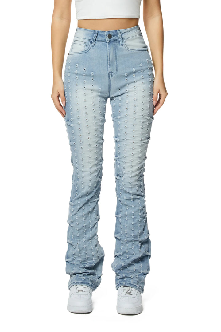 Smoke Rise Ladies High Rise Punched Bootcut Denim Jeans Sky Blue