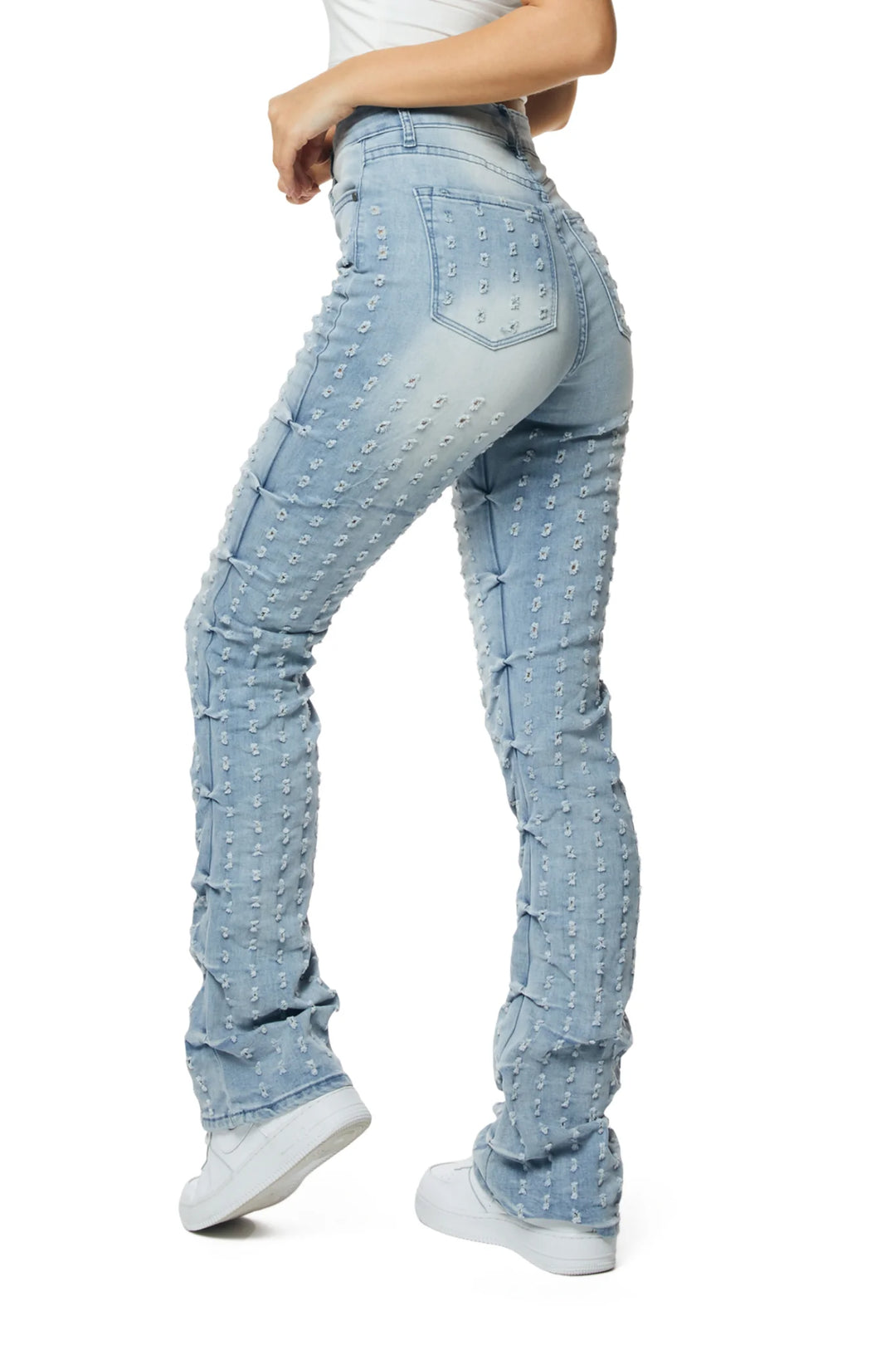 Smoke Rise Ladies High Rise Punched Bootcut Denim Jeans Sky Blue