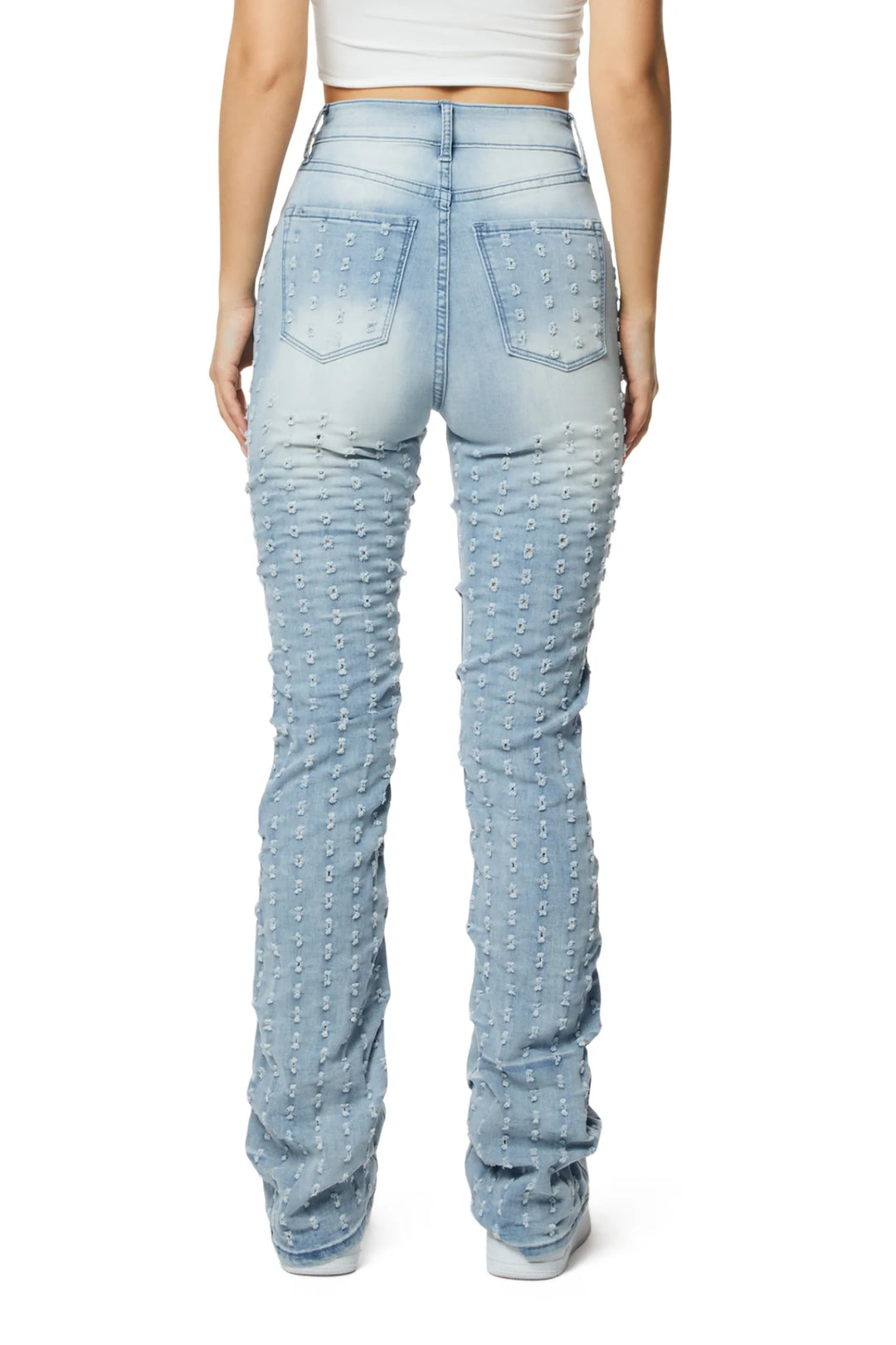 Smoke Rise Ladies High Rise Punched Bootcut Denim Jeans Sky Blue