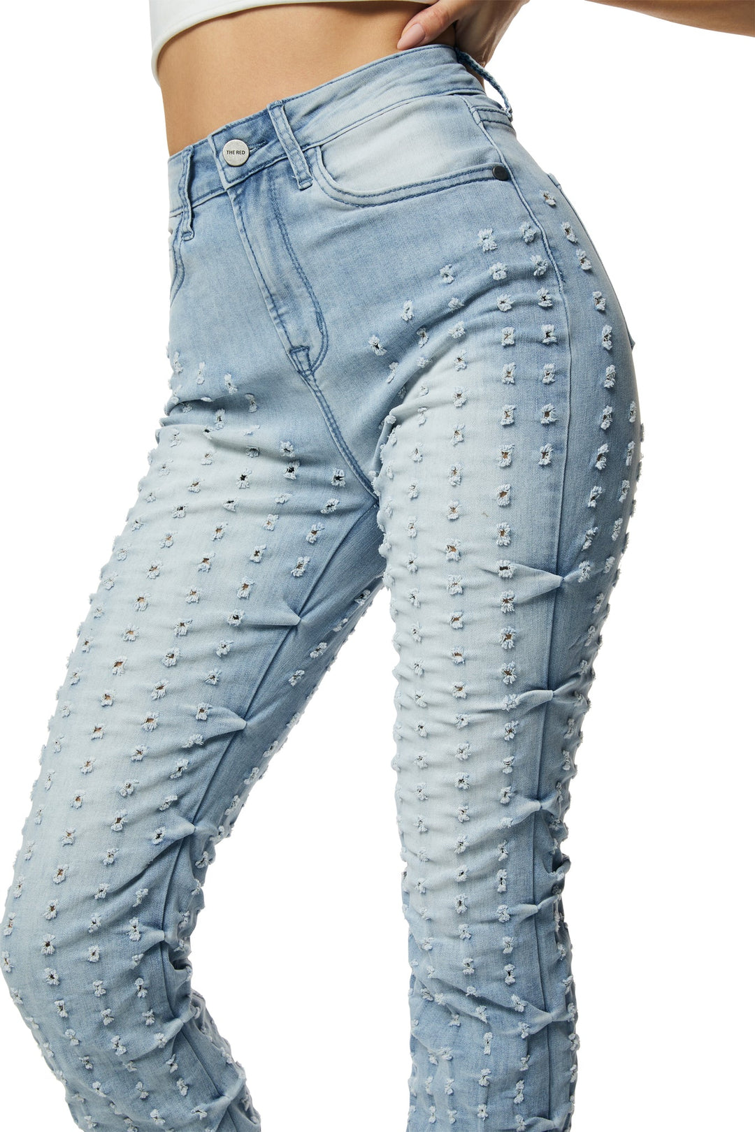 Smoke Rise Ladies High Rise Punched Bootcut Denim Jeans Sky Blue