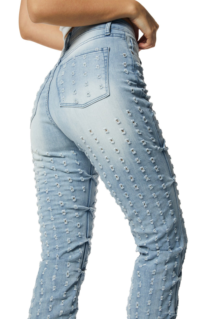 Smoke Rise Ladies High Rise Punched Bootcut Denim Jeans Sky Blue