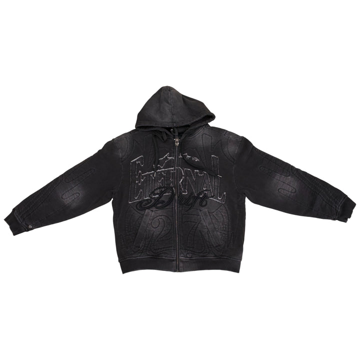 Smoke Rise Denim Embossed Zip Up Hoodie