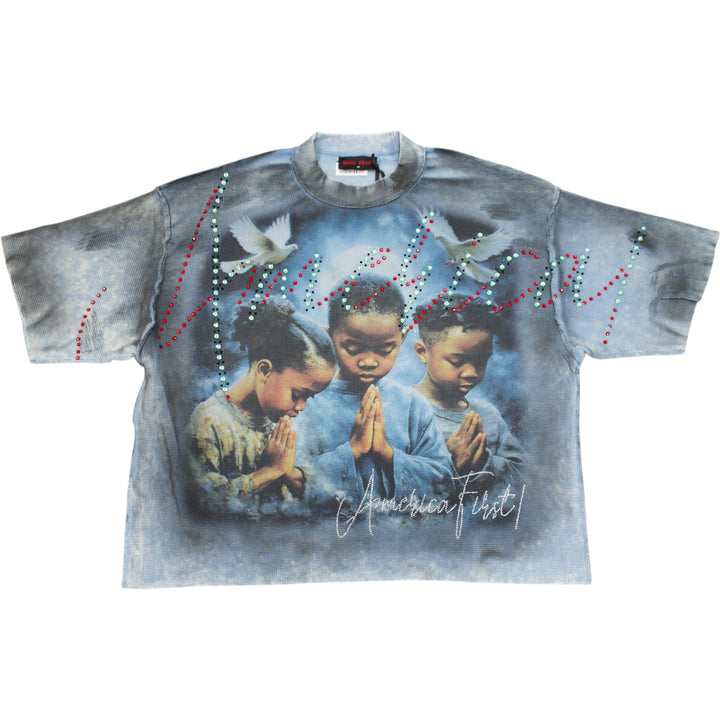 Rare Peace RT6028 Prayer Crop Shirt Blue