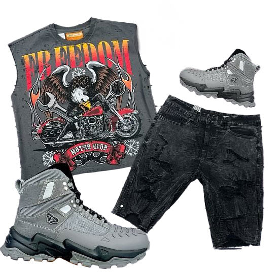 Eleve Fredom Motor Club Sleeveless Tee Dark Grey Outfit Combo