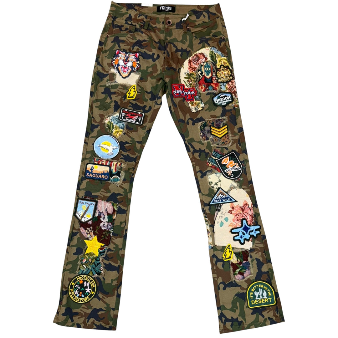 Focus Patchwork Embroidery Stacked Denim Green Camo