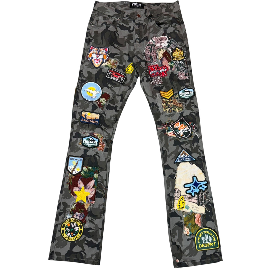 Focus Patchwork Embroidery Stacked Denim Black Camo