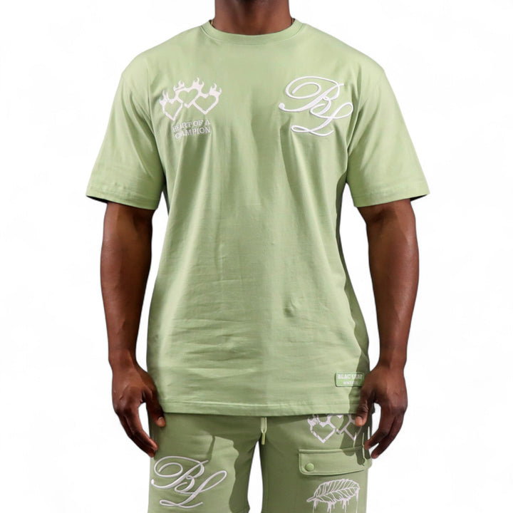 Blac Leaf Heart Of A Champion Sage Trucker Hat, Triple Heart Sage Shirt , Heart Of A Champion Sage Shorts  Outfit Combo