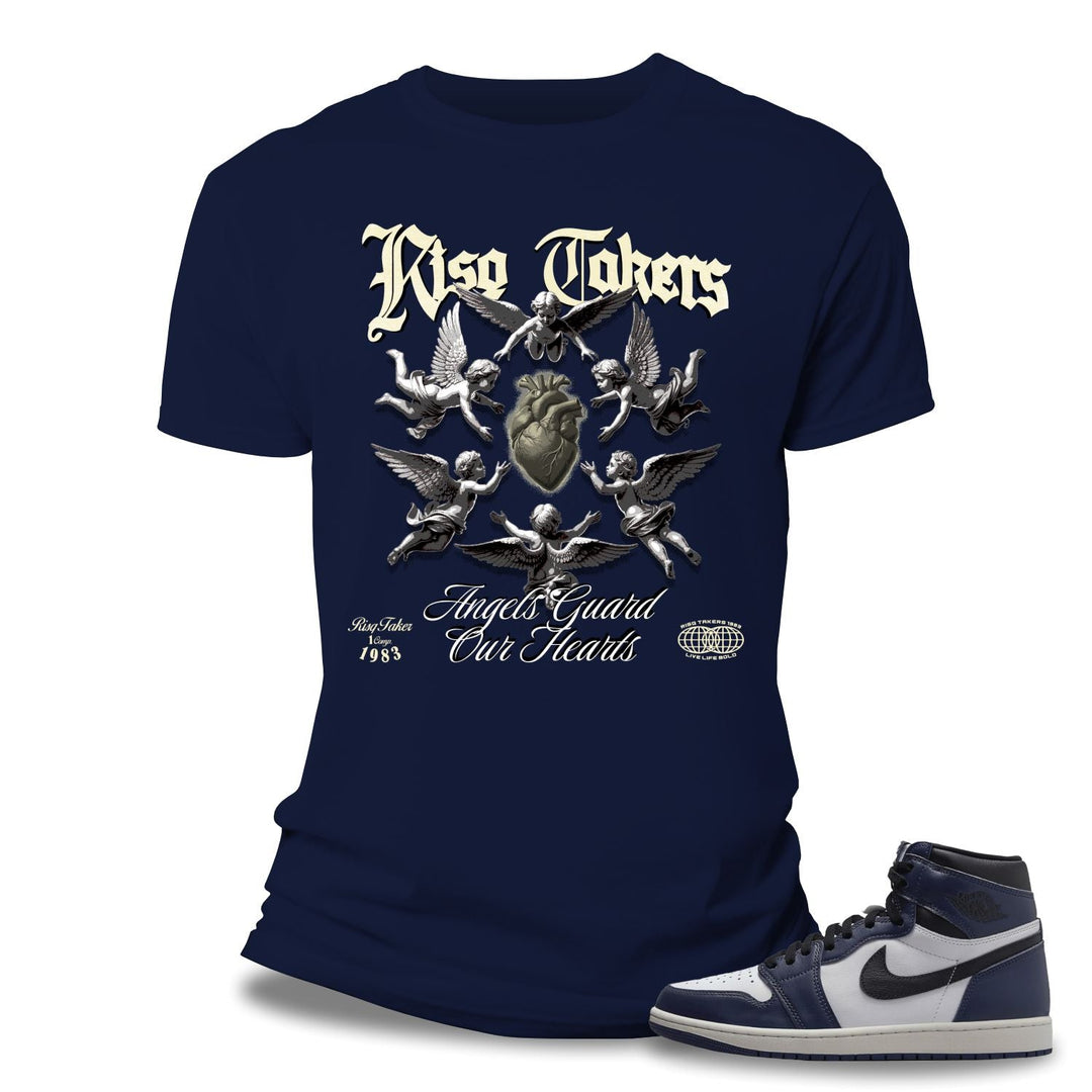 Risq Takers Angels Guard Hearts Tee Navy,Smoke Rise Essential Short Alpine Blue And Jordan 1 Retro High OG Midnight Navy  Outfit combo