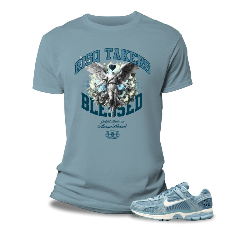 Risq Takers Blessed & Grateful Hearts Tee Lt Blue, Smoke Rise Tapestry Denim Short And Nike Zoom Vomero 5 Denim Turquoise, Pale Ivory Outfit combo