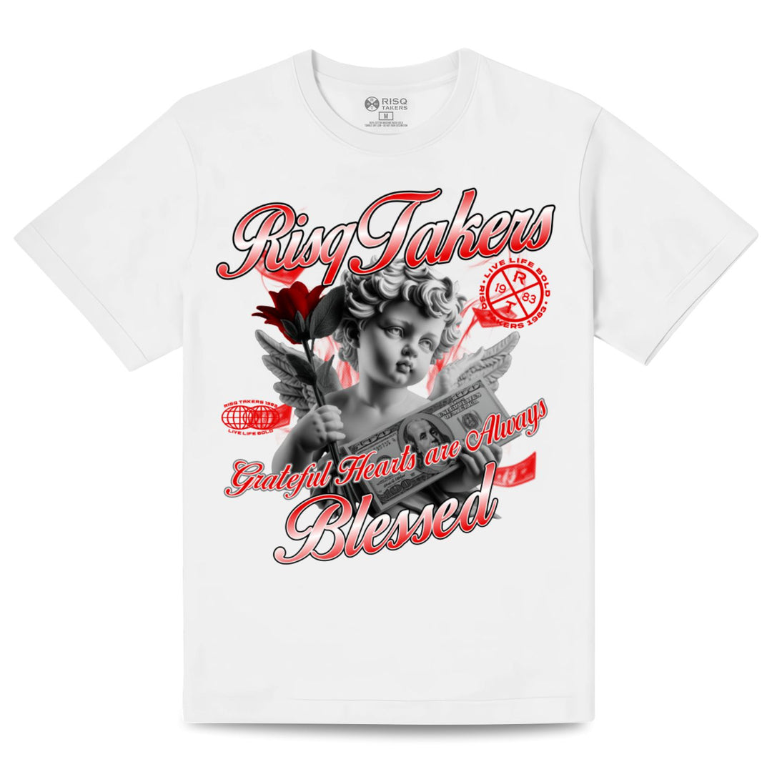 Risq Takers Grateful Hearts are Always Blessed Tee White/Red/Gray