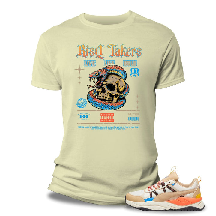 Risq Takers Menace Snake Tee Nat/Org/blue outfit