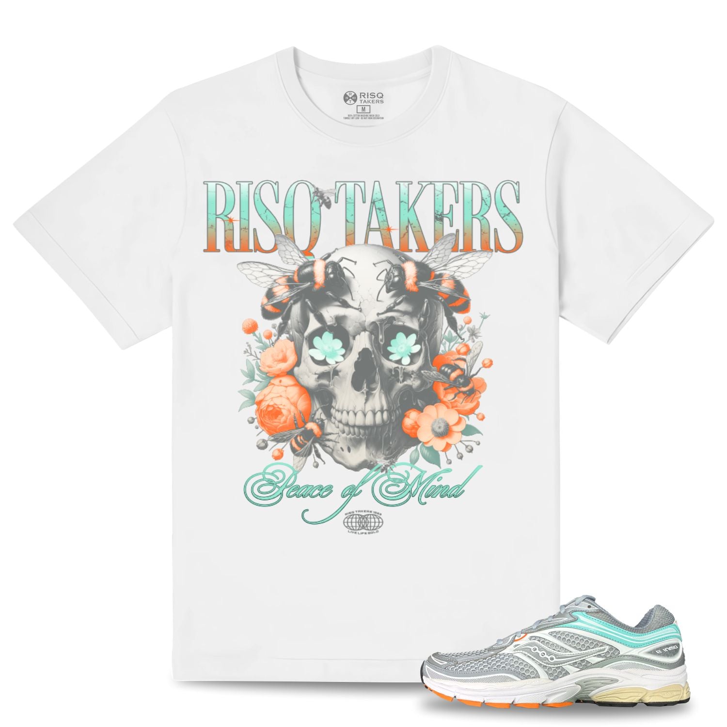 Risq Takers Peace of Mind Tee Wht /Org/Teal – Purple Carpet Miami
