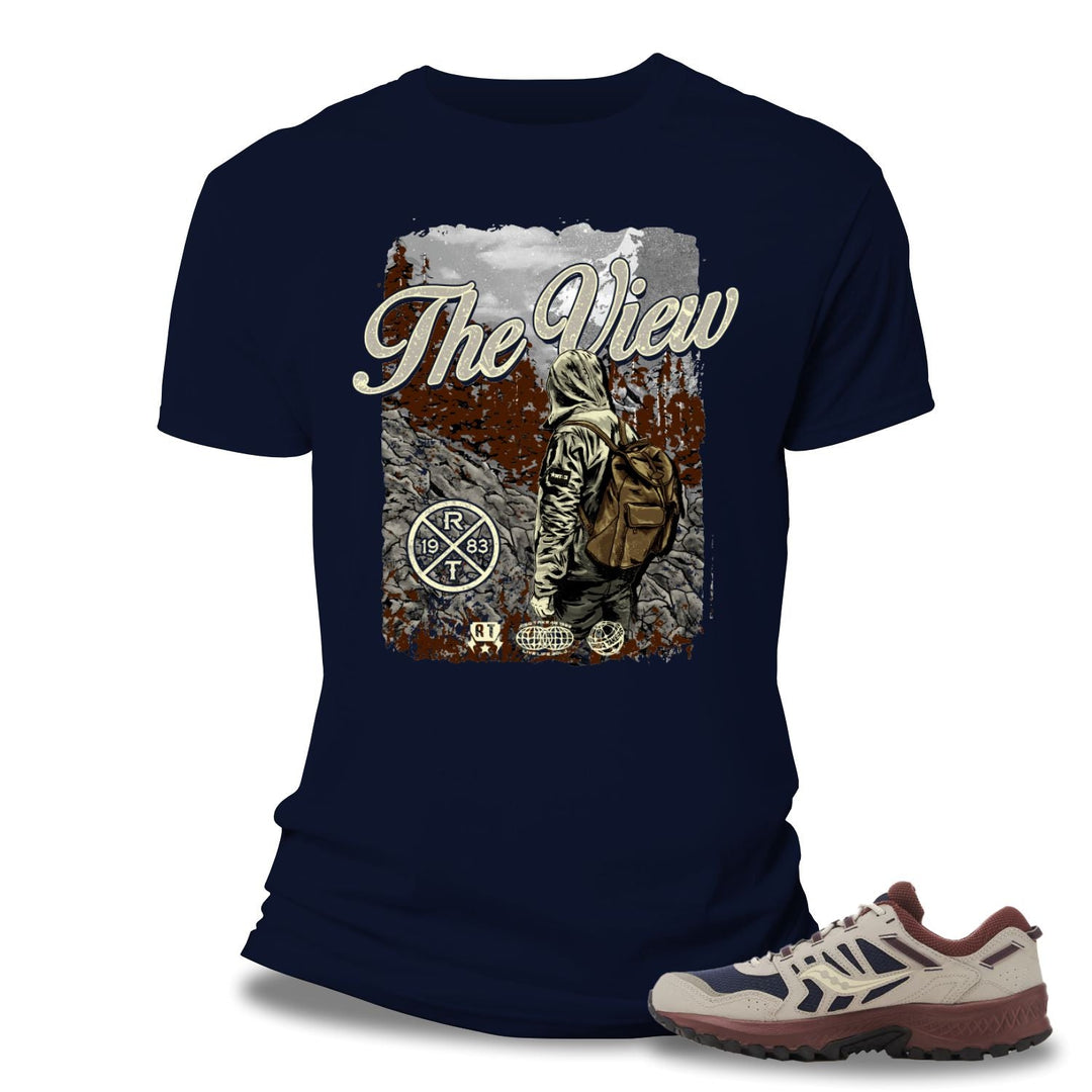 The View Tee Navy/ Cream,  Denim Short Rustic Blue, Saucony Eclipse Navy Outfit combo