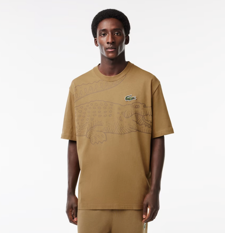 Lacoste Loose Fit Crocodile Print Crew Neck T-Shirt Brown