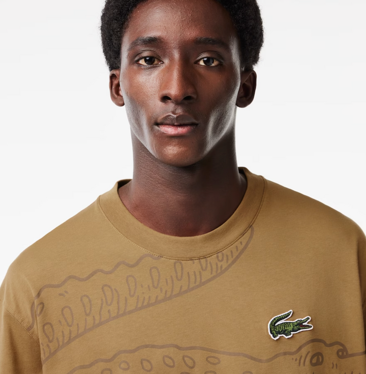 Lacoste Loose Fit Crocodile Print Crew Neck T-Shirt Brown