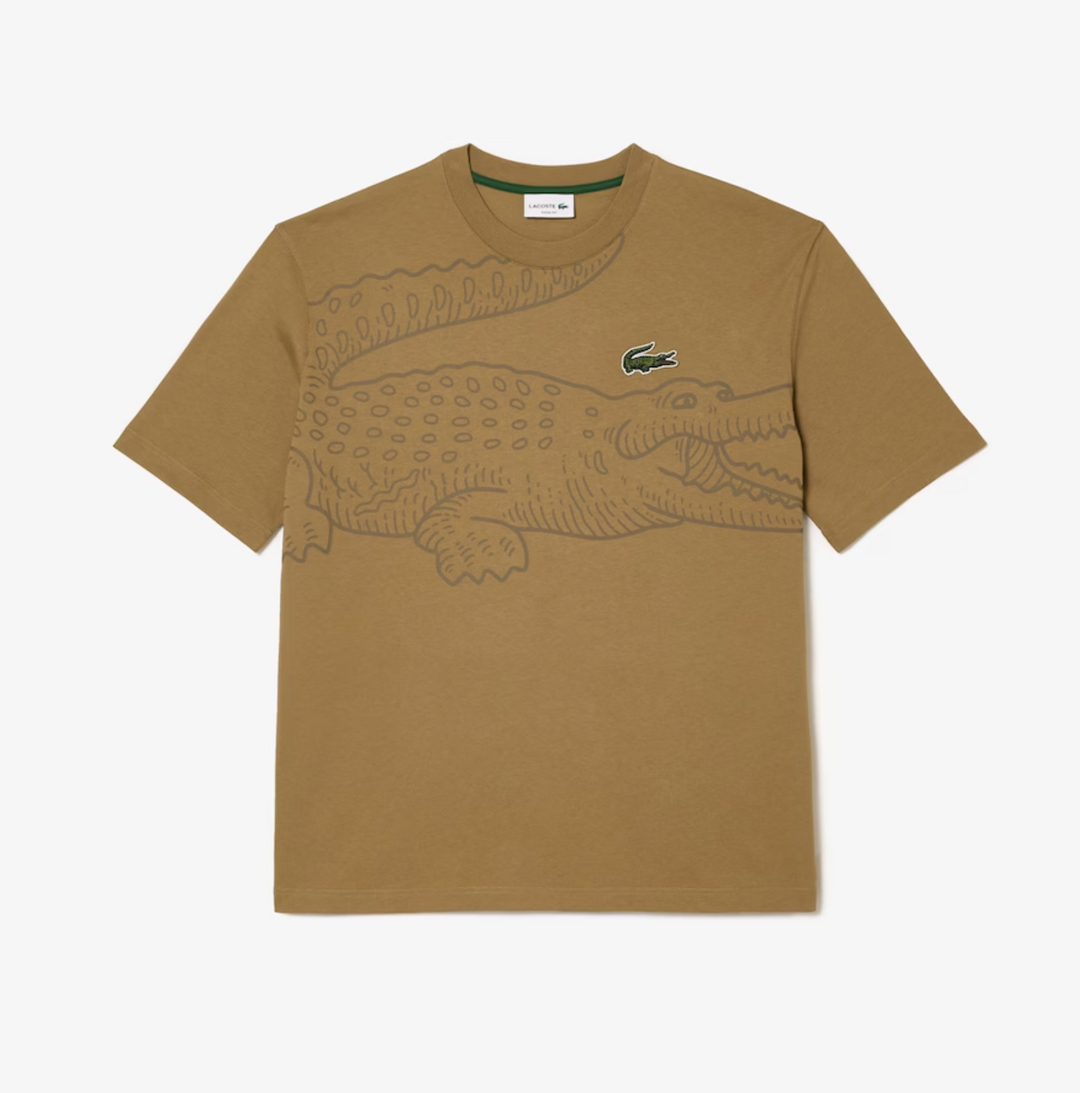 Lacoste Loose Fit Crocodile Print Crew Neck T-Shirt Brown