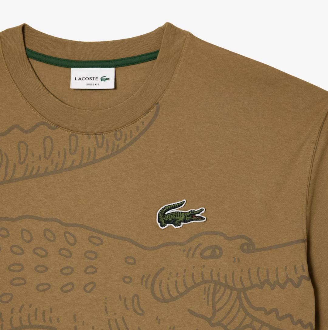 Lacoste Loose Fit Crocodile Print Crew Neck T-Shirt Brown