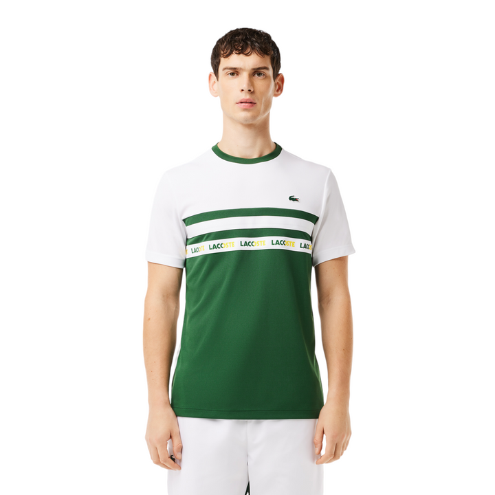 Lacoste Ultra-Dry Logo Stripe Piqué Tennis T-Shirt White/ Green
