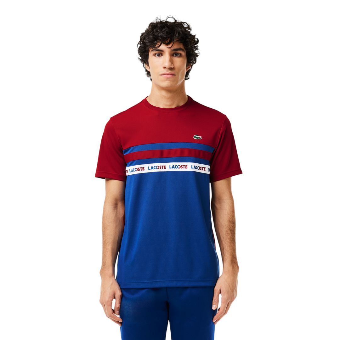 Lacoste Ultra-Dry Logo Stripe Piqué Tennis T-Shirt Navy/ Burgundy
