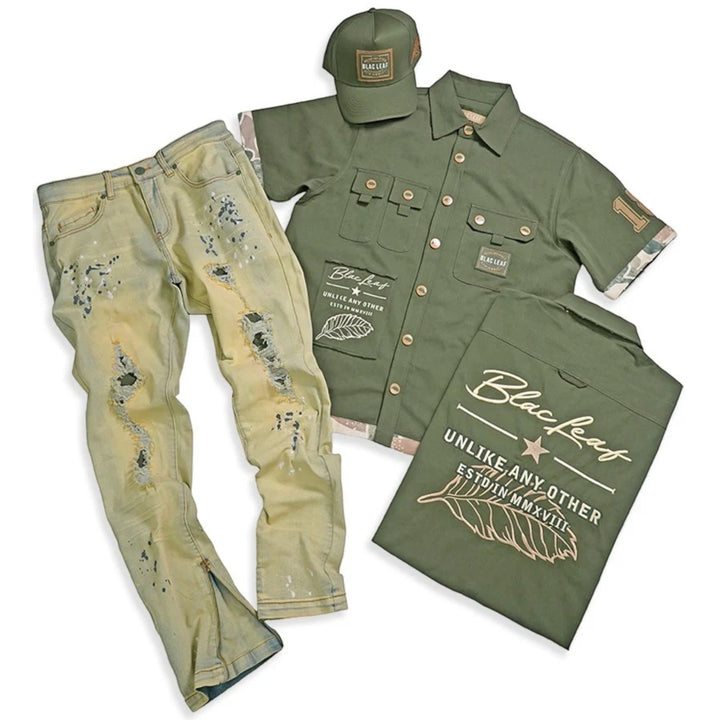 Blac Leaf Unlike Any Other Trucker Hat Olive & Button Up Shirt Olive & Denim Jeans Sage Soil  Bundle