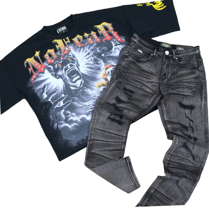 Stray No Fear 3/4 Sleeve Tee Black & Milano Milan Slim Straight Fit Jean Black Acid Outfit Combo