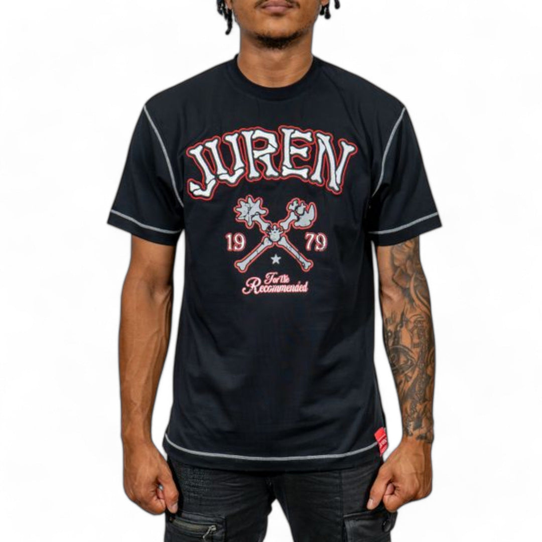 Juren True Self Distressed Tee,Juren Bones Bomber,Juren Cement Utility Jeans, And Juren Red Bone Pebble Leather Dad Hat (Sneakers not included) outfit combo