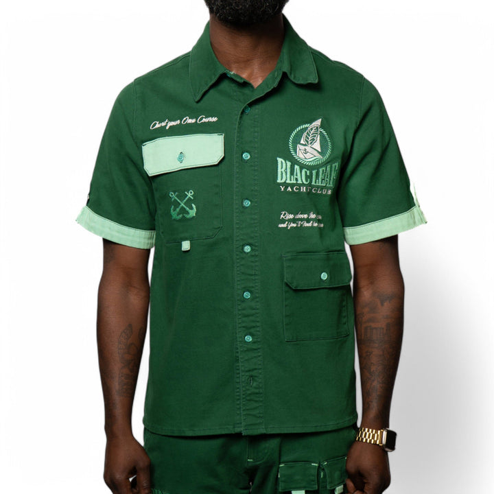 Blac Leaf Yacht Club Captain Hat, Yacht Club Button Up Dark Green And Yacht Club Utility Shorts Dark Green Outfit combo