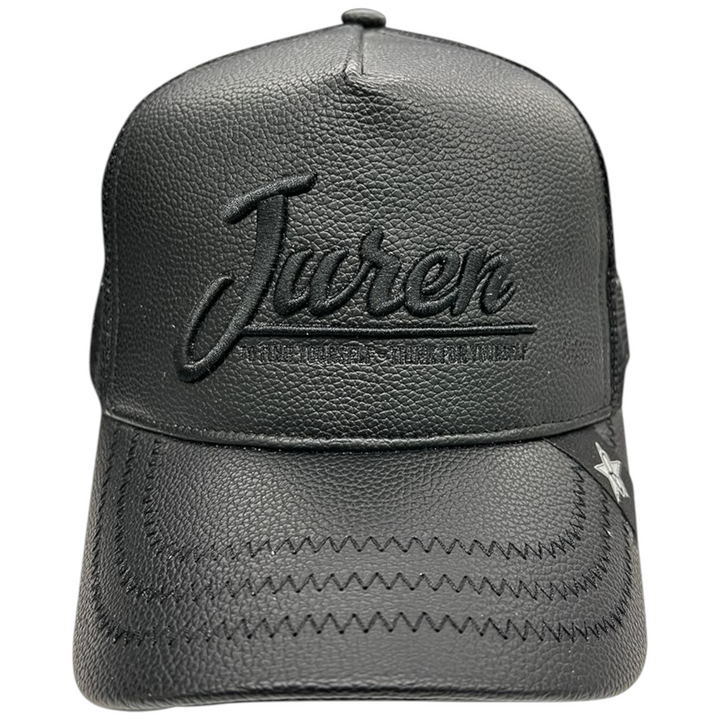 JUREN PEBBLE LEATHER TRUCKER HAT BLACK