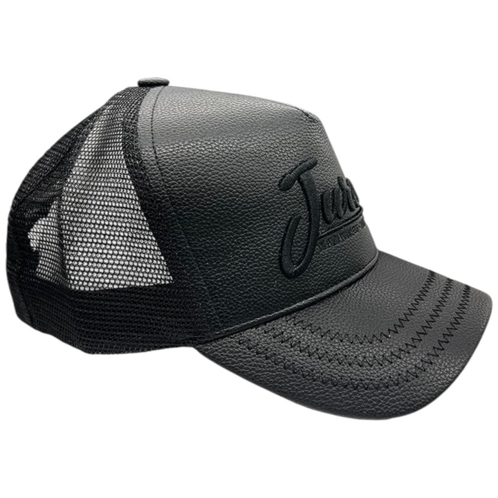 JUREN PEBBLE LEATHER TRUCKER HAT BLACK