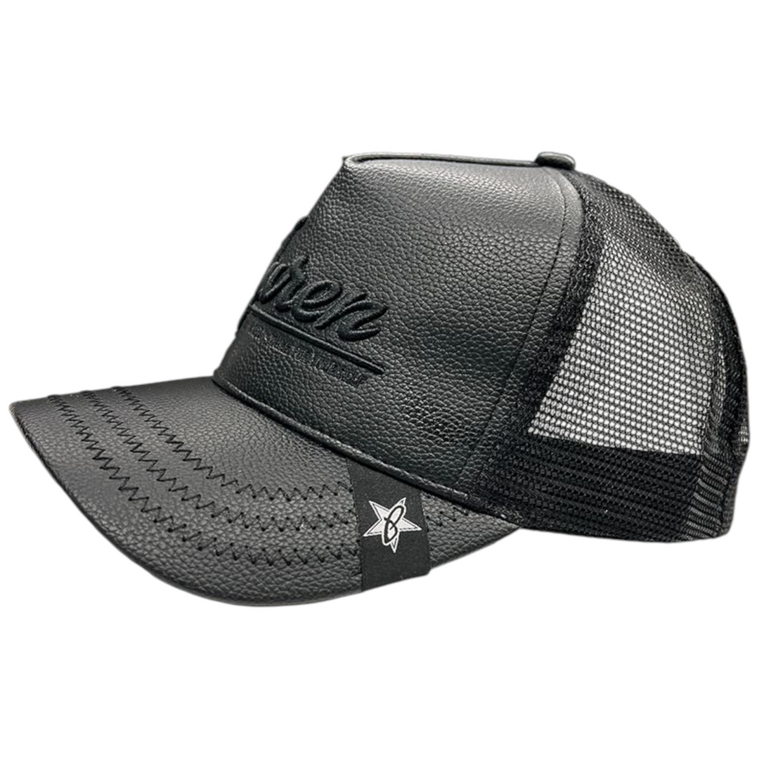 JUREN PEBBLE LEATHER TRUCKER HAT BLACK