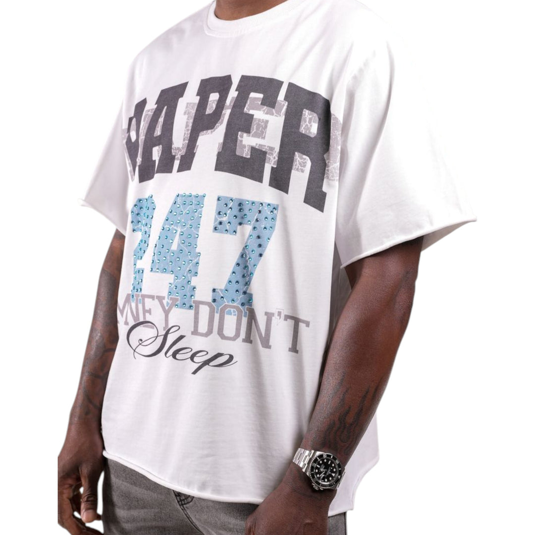 Paper Money 247 Tee with Rhinestones White