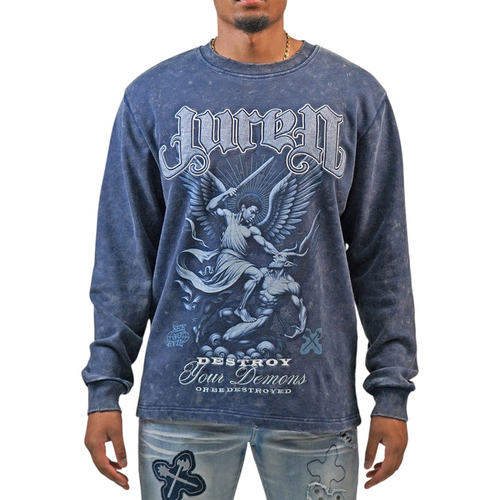 Juren Destroy Your Demons Crewneck Denim Blue Big & Tall