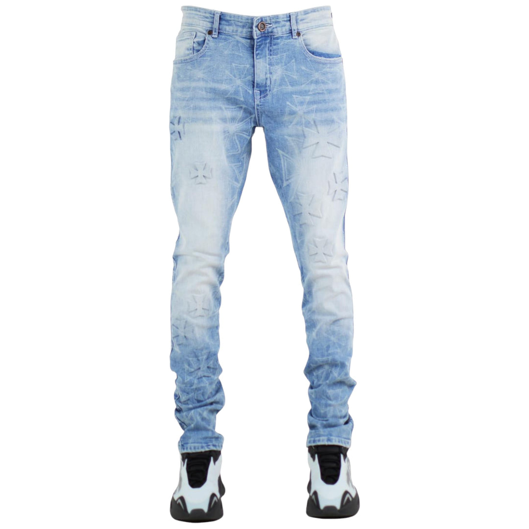 Focus Cross Embossed Slim Denim Jean Ice Blue