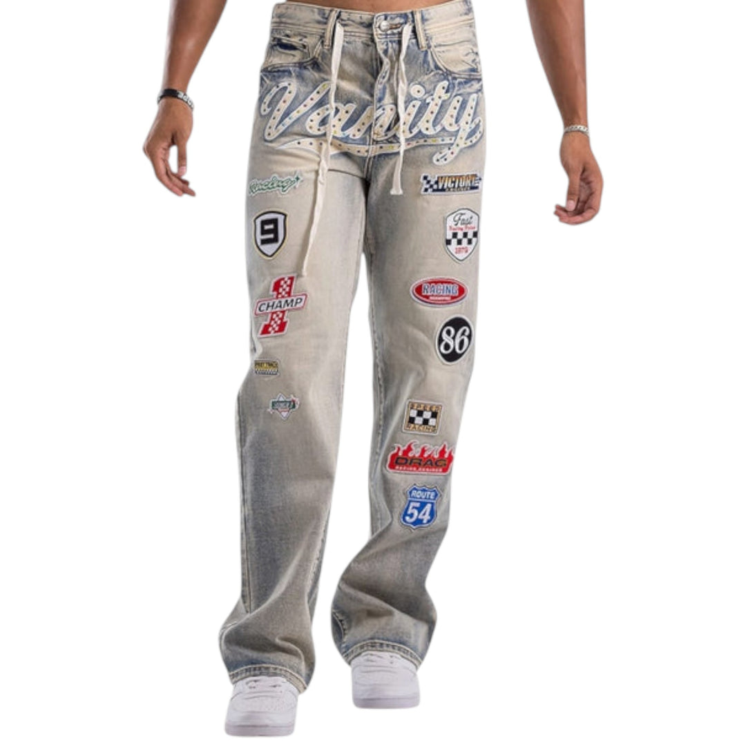 Kindred Multi Patches Relaxed Straight Fit Denim Blue