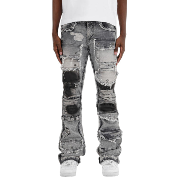 Copper Rivet Fray Edge Cargo Stack Jean Grey