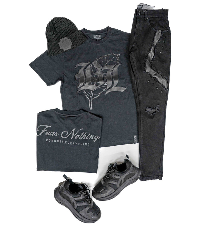 Blac leaf Rubber Patch Beanie, Fear Nothing Shirt,Fear Nothing Denim Jeans And G7 X Blac Leaf Dominion X Outfit combo