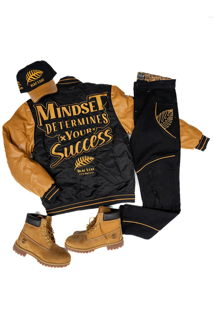 Blac leaf Successful Mindset Vegan Leather Dad Hat, Successful Mindset Bomber Jacket, Successful Mindset Denim Pants Jet Black (Sneaker not included)  Outfit combo