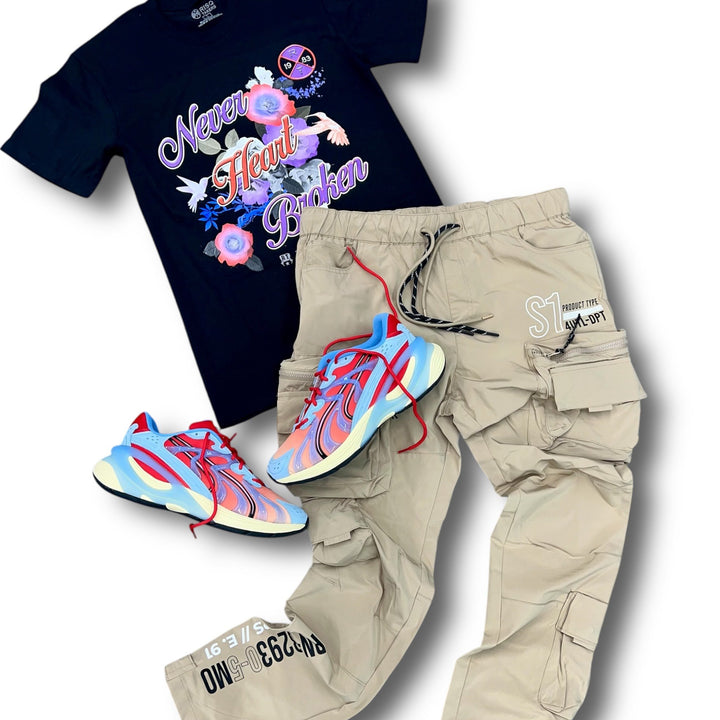 Risq Takers Never Heart Broken Tee,  Smoke Rise Utility Nylon Pants And Puma Inverse Unfiltered Creamy Vanilla / For All Time Red  Outfit combo